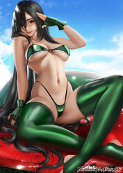  aged_up bad_id bad_pixiv_id bikini black_hair blue_sky breasts brown_eyes car commentary day english_commentary female fingerless_gloves gloves green_bikini green_gloves green_nails green_thighhighs hair_over_one_eye highleg highleg_bikini large_breasts long_hair looking_at_viewer motor_vehicle nail_polish navel nefrubi on_vehicle outdoors patreon_username photoshop_(medium) ponytail revision sitting sitting_on_car sitting_on_object sky solo stirrup_legwear swimsuit thighhighs toeless_legwear vanellope_von_schweetz watermark web_address wreck-it_ralph 