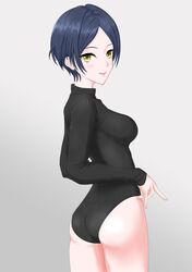  absurdres ass bainbridge blue_hair blush bodysuit breasts earrings female hayami_kanade heattech_leotard highres idolmaster idolmaster_cinderella_girls jewelry leotard long_sleeves looking_at_viewer looking_back medium_breasts parted_bangs ribbed_leotard ribbed_sweater short_hair simple_background smile solo sweater thighs turtleneck uniqlo white_background yellow_eyes 