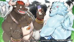  2boys apron bangle bara bead_bracelet beads bottle bovine bracelet brown_fur furry furry_male grass gyumao_(housamo) jewelry kira_nerisu lion_boy lion_tail looking_at_another male_focus mane milk milk_bottle milking_cow minotaur monocle multiple_boys nearly_naked_apron necklace official_art one_eye_closed pectorals scar snow_(housamo) tail tokyo_afterschool_summoners topless_male watch white_fur 