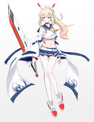  absurdres armpit_peek ayanami_(azur_lane) ayanami_(retrofit)_(azur_lane) azur_lane bad_id bad_pixiv_id belt blonde_hair blue_skirt choker closed_mouth collarbone commentary_request detached_sleeves dot_mouth dot_nose eyes_visible_through_hair female full_body gradient_background groin hair_ornament hairclip hareriya headgear highres holding holding_sword holding_weapon long_hair looking_at_viewer midriff navel orange_eyes pleated_skirt ponytail ribbon-trimmed_sleeves ribbon_trim school_uniform serafuku sidelocks simple_background skirt solo sword thighhighs weapon white_background white_thighhighs wide_sleeves zettai_ryouiki 