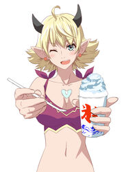  ;d ahoge bikini blonde_hair blue_eyes breasts chest_jewel cleavage earrings female food holding holding_food holding_spoon horns jewelry kageyasu kora_(xenoblade) navel one_eye_closed pointy_ears purple_bikini shaved_ice short_hair simple_background smile solo spoon stomach swimsuit upper_body white_background xenoblade_chronicles_(series) xenoblade_chronicles_2 