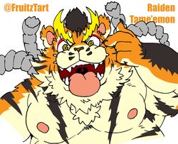  2018 anthro belly countershading felid fruitz hi_res humanoid_hands kemono male mammal moobs nipples overweight overweight_anthro overweight_male pantherine raiden_tameemon sengoku_puzzle simple_background solo text tiger tongue tongue_out white_background 