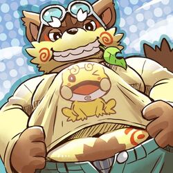  1:1 2016 anthro belly bottomwear brown_body brown_fur canid canine clothing doggiemonkey fur kemono leaf low_res male mammal momochi_sandayuu overweight overweight_anthro overweight_male pants raccoon_dog sengoku_puzzle shirt solo tanuki topwear 