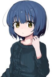  blue_hair blue_sweater blush brown_eyes closed_mouth commentary_request female gochuumon_wa_usagi_desu_ka? hair_between_eyes hand_up houjichaoic jouga_maya long_sleeves ribbed_sweater short_hair simple_background solo sweater upper_body white_background 