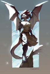  anthro breasts chadzime changeling_tale claws clothed clothing dragon female fully_clothed hair hi_res horn membrane_(anatomy) membranous_wings mythological_creature mythological_scalie mythology non-mammal_breasts red_hair rock rowan_ashfield_(changeling_tale) scalie solo standing tail wings 