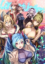  6+girls absurdres alternate_costume amari_aquamarine az_sainklaus beer_mug black_dress blue_hair blush breasts brown_hair china_dress chinese_clothes cleavage cup dress grey_hair hair_behind_ear hair_between_eyes hands_on_own_face head_tilt highres holding holding_cup japanese_clothes kimono kisaragi_chitose large_breasts looking_at_viewer medium_breasts mug multiple_girls nine_(super_robot_wars) off_shoulder ok_sign parted_lips pink_eyes pink_hair ponytail purple_eyes ramy_amasaki red_dress red_hair sakurai_sagiri sakusakusakurai smile super_robot_wars super_robot_wars_30 super_robot_wars_t super_robot_wars_v super_robot_wars_x twintails two-tone_dress v v-shaped_eyebrows white_dress 