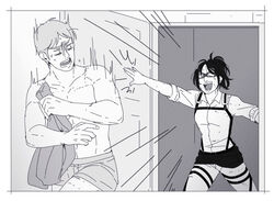  1boy aquiline_nose boxers breasts commentary door doorway english_commentary female goggles greyscale hange_zoe hanpetos male_underwear medium_breasts moblit_berner monochrome muscular muscular_male open_mouth ponytail shingeki_no_kyojin surprised suspenders sweat underwear underwear_only 