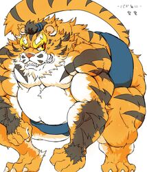  2016 anthro felid gunso_p hi_res kemono male mammal obese obese_anthro obese_male overweight overweight_anthro overweight_male pantherine raiden_tameemon sengoku_puzzle simple_background solo sumo tiger white_background 