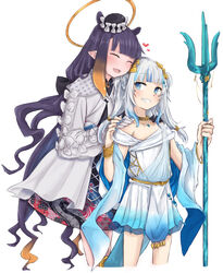  2girls :d ^_^ aoi_(aoisaka) blue_eyes blue_hair blue_nails blunt_bangs bow bracelet closed_eyes commentary fins fish_tail gawr_gura gawr_gura_(party_dress) grey_hair grin halo hands_on_another&#039;s_shoulders hat heart highres hololive hololive_english jewel_under_eye jewelry long_hair looking_at_viewer multicolored_hair multiple_girls nail_polish necklace ninomae_ina&#039;nis ninomae_ina&#039;nis_(party_dress) official_alternate_costume pointy_ears polearm purple_hair shark_tail simple_background smile symbol-only_commentary tail tentacle_hair tilted_headwear trident two-tone_hair very_long_hair virtual_youtuber weapon white_background 