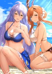  2girls ahoge aqua_(popogori) bare_shoulders beach bikini blush braid breasts brown_eyes brown_hair cleavage collarbone day granblue_fantasy hair_between_eyes hair_ornament hairband head_wings large_breasts long_hair looking_at_viewer md5_mismatch multiple_girls navel official_alternate_costume open_mouth outdoors purple_hair resolution_mismatch silva_(granblue_fantasy) silva_(summer)_(granblue_fantasy) smile source_smaller swimsuit tweyen_(eternal&#039;s_summer_vacation)_(granblue_fantasy) tweyen_(granblue_fantasy) twin_braids very_long_hair wet wings yellow_eyes 