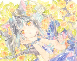  animal_ears bare_shoulders blue_bow blue_dress bow commentary_request dress female flower grey_hair hair_flower hair_ornament hands_up looking_at_viewer off-shoulder_dress off_shoulder original own_hands_together painting_(medium) parted_lips puffy_short_sleeves puffy_sleeves short_sleeves smile solo striped striped_bow tamaki_mitsune traditional_media twitter_username watercolor_(medium) wrist_bow yellow_eyes yellow_flower 