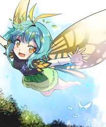  antennae aqua_hair bare_legs barefoot blush butterfly_wings day dress eternity_larva fairy female flying green_dress hair_between_eyes hellnyaa insect_wings leaf leaf_on_head multicolored_clothes multicolored_dress one-hour_drawing_challenge open_mouth orange_eyes short_hair smile solo touhou wings 