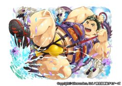  1boy bara black_hair briefs bulge fat fecho_kouta_(nikubo) flower harness kushinada_jugo life_vest male_focus male_underwear monster official_art petals plump solo splashing sun sweat thick_thighs thighs tokyo_afterschool_summoners traditional_youkai underwear water 