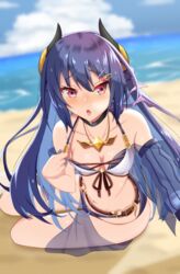  absurdres bare_shoulders beach bikini blue_bikini blue_hair blue_sky blue_sleeves blurry blurry_background blush breasts cloud collarbone commentary_request day demon_girl demon_horns depth_of_field detached_sleeves female hair_between_eyes hair_ornament hairclip halterneck highres horizon horns iseshi jewelry layered_bikini long_hair long_sleeves looking_at_viewer navel necklace ocean open_mouth outdoors princess_connect! pulling_own_clothes red_eyes rei_(princess_connect!) rei_(summer)_(princess_connect!) see-through single_detached_sleeve sky small_breasts solo strap_pull sweat swimsuit twisted_torso very_long_hair water 