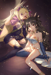  2girls \||/ anklet armlet asymmetrical_legwear asymmetrical_sleeves bare_shoulders between_breasts black_dress black_hair black_thighhighs blonde_hair blue_thighhighs breasts bridal_gauntlets cape chinese_commentary closed_mouth commentary_request detached_collar dress earrings ereshkigal_(fate) fate/grand_order fate_(series) glint highres hoop_earrings infinity_symbol ishtar_(fate) jewelry light_particles long_hair long_legs long_sleeves looking_at_viewer md5_mismatch multiple_girls navel neck_ring parted_bangs partial_commentary pink_eyes qie red_cape red_eyes short_dress siblings single_bridal_gauntlet single_sleeve single_thighhigh sisters sitting skull spine thighhighs tiara two_side_up 