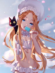  abigail_williams_(fate) abigail_williams_(swimsuit_foreigner)_(fate) abigail_williams_(swimsuit_foreigner)_(third_ascension)_(fate) bare_shoulders bikini black_cat blonde_hair blue_eyes blue_sky bonnet bow braid braided_hair_rings breasts eating fate/grand_order fate_(series) feline female food forehead hair_rings hairbow highres littleamber long_hair looking_at_viewer miniskirt navel open_mouth parted_bangs petals photoshop_(medium) popsicle sidelocks skirt sky small_breasts swimsuit twin_braids twintails very_long_hair white_bikini white_bow white_headwear 