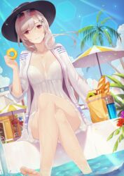  absurdres alexiel_(pixiv6211566) arm_at_side azur_lane barefoot beach_umbrella blue_sky blush bread breasts butterfly_hair_ornament cleavage cloud cloudy_sky collarbone crossed_legs day doughnut dress drinking_straw dunkerque_(afternoon_venus)_(azur_lane) dunkerque_(azur_lane) eyewear_on_head fanbox_reward feet female floating_hair flower food grey_hair hair_ornament hairclip hand_up hat highres holding holding_food jacket jewelry large_breasts leaf legs lens_flare long_hair looking_at_viewer necklace official_alternate_costume open_clothes open_jacket outdoors paid_reward palm_tree pink_eyes plant red_flower short_dress sidelocks sitting sky smile solo sun_hat sunglasses sunlight thighs tree umbrella white_dress white_jacket wind 