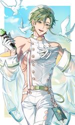  1boy beads bird detached_sleeves gem gloves green_eyes green_hair half_gloves hands_on_own_chest highres holding holding_microphone idol korean_commentary long_sleeves looking_at_viewer male_focus microphone nu_carnival olivine_(nu_carnival) pigeon see-through see-through_sleeves short_hair smile solo tassel white_gloves white_headwear yoture23 