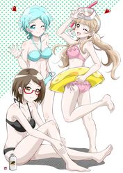  3girls ;) ;d barefoot bikini black_bikini blue_bikini blue_eyes blue_hair blunt_bangs blush breasts brown_eyes brown_hair commentary_request eggman_(pixiv28975023) frilled_bikini frills glasses hair_ornament hairclip hand_up heart houkago_saikoro_club innertube long_hair lotion low_twintails medium_breasts multiple_girls navel one_eye_closed oono_midori open_mouth pink_bikini red-framed_eyewear short_hair side-tie_bikini_bottom simple_background sitting smile snorkel standing standing_on_one_leg sunscreen swept_bangs swim_ring swimsuit takayashiki_aya takekasa_miki twintails v white_background 