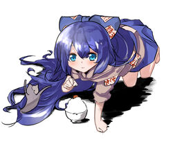  bare_legs barefoot blue_eyes blue_hair blue_skirt blush bow bowl closed_mouth female grey_hoodie hairbow hellnyaa hood hoodie long_hair one-hour_drawing_challenge rice rice_bowl short_sleeves simple_background skirt smile solo stuffed_animal stuffed_cat stuffed_toy touhou white_background yorigami_shion 