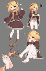  1other absurdres arm_up black_leotard blonde_hair boots brown_dress brown_footwear brown_jacket brown_scarf chashuwu clothes_lift dress dress_lift feet female full_body fur_trim green_eyes grey_background heart highres jacket leotard leotard_under_clothes lifting_own_clothes original pantyhose scarf short_hair simple_background single_boot sitting smile soles thighband_pantyhose thighs toeless_legwear toes two_side_up waving white_legwear 