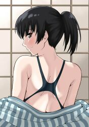  amagami back back_focus bare_shoulders black_eyes black_hair black_one-piece_swimsuit commentary female from_behind highres japanese_clothes jishaku_(user_rcuz2843) kimono kimono_pull looking_at_viewer looking_back nape one-piece_swimsuit ponytail profile racerback short_hair shouji shoulder_blades sliding_doors solo swimsuit tsukahara_hibiki yukata 