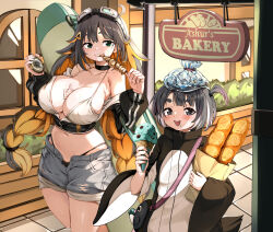  2girls absurdres animal_costume bag bakery bare_shoulders bikini bikini_top_only blush braid bread breasts cleavage compass delia_(trickcal) eating food goggles guin_(trickcal) highres holding holding_ice_cream_cone ice ice_cream ice_cream_cone ice_cube large_breasts long_hair looking_at_viewer mint_chocolate multicolored_hair multiple_girls navel open_mouth penguin_costume road shop short_hair shorts shoulder_bag siblings sisters small_breasts street swimsuit teeth trickcal twin_braids upper_teeth_only white_bikini yakitori yume_no_hana_(sbac0019) 