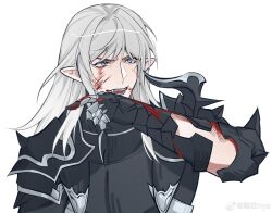  1boy arm_up armor black_armor blood blood_on_armor blood_on_body blood_on_face blue_eyes dragoon elezen elf estinien_varlineau final_fantasy final_fantasy_xiv gauntlets hair_between_eyes highres long_hair looking_to_the_side male_focus open_mouth pauldrons pointy_ears road_darklight shoulder_armor sideways_glance simple_background smile solo spiked_armor swept_bangs teeth upper_body white_background white_hair wiping_face 