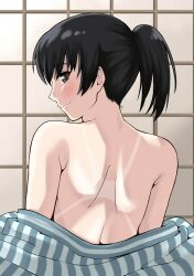  amagami back back_focus bare_shoulders black_eyes black_hair commentary female from_behind highres japanese_clothes jishaku_(user_rcuz2843) kimono kimono_pull looking_at_viewer looking_back nape ponytail profile short_hair shouji shoulder_blades sliding_doors solo tan tanlines tsukahara_hibiki yukata 