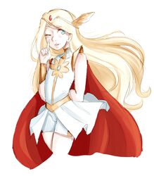  1girls adora artist_request blonde_hair blue_eyes dress female flat_chest platinum_blonde_hair she-ra she-ra_and_the_princesses_of_power skirt solo tagme white_dress white_skirt 