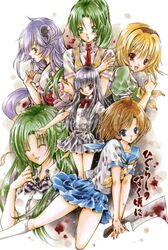  6+girls black_hairband blonde_hair blood closed_eyes clothes_lift commentary_request finger_to_mouth furude_rika hairband hanyuu hatori_akiyo higurashi_no_naku_koro_ni houjou_satoko machete marker_(medium) multiple_girls necktie outstretched_arm pleated_skirt ponytail ryuuguu_rena school_uniform serafuku short_sleeves siblings sisters skirt skirt_lift smile sonozaki_mion sonozaki_shion standing traditional_media twins 