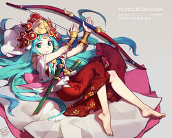  amaterasu_(p&amp;d) aqua_hair barefoot bow_(weapon) green_eyes headdress japanese_clothes long_hair puzzle_&amp;_dragons sword tennohi weapon wristwear 