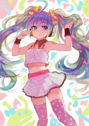  ahoge aqua_hair armpits commentary_request crop_top crop_top_overhang female gj hatsune_miku headphones long_hair midriff miniskirt polka_dot polka_dot_legwear redial_(vocaloid) shirt skindentation skirt sleeveless sleeveless_shirt solo thighhighs twintails very_long_hair vocaloid wristband zettai_ryouiki 