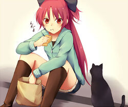  amy_(madoka_magica) bad_id bad_pixiv_id bag black_cat black_shorts blush boots denim denim_shorts eating feline female food food_on_face hood hoodie knee_boots long_hair mahou_shoujo_madoka_magica mahou_shoujo_madoka_magica_(anime) ponytail red_eyes red_hair sakura_kyoko shopping_bag shorts sitting solo taiyaki tsuchifumazu wagashi 