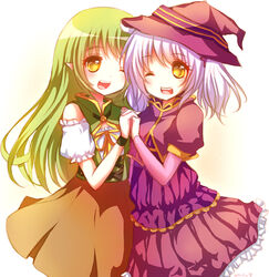  2girls borrowed_character cecilia_(acerailgun) cowboy_shot dress emi-liu friends green_hair hat holding_hands interlocked_fingers long_hair long_sleeves multiple_girls one_eye_closed open_mouth original photoshop_(medium) rynn_(acerailgun) simple_background twintails white_background white_hair witch witch_hat yellow_eyes 