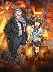  1boy blonde_hair breasts commentary_request douglas_cartland female heather_mason jacket miniskirt njay photoshop_(medium) short_hair silent_hill_(series) silent_hill_3 skirt sleeveless sleeveless_turtleneck smile turtleneck vest watch wristband 