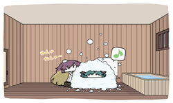  2girls animal_ears bad_id bad_pixiv_id bath bath_stool bathroom bathtub blonde_hair door eighth_note gradient_hair green_hair hijiri_byakuren kasodani_kyouko kurokoori multicolored_hair multiple_girls musical_note naked_towel ofuro purple_hair soap_bubbles speech_bubble spoken_musical_note stool touhou towel washing water window 