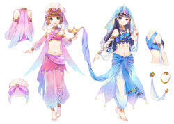  2girls :d anklet arabian_clothes armlet bare_shoulders barefoot black_hair blue_eyes blunt_bangs blush bracelet breasts brown_hair card cardcaptor_sakura commentary_request daidouji_tomoyo dancer ekita_kuro flat_chest full_body gem genie green_eyes hair_ornament harem_outfit harem_pants highres jewelry kinomoto_sakura lamp long_hair looking_at_viewer midriff multiple_girls navel navel_piercing necklace open_mouth pants piercing ringlets sarong see-through sidelocks small_breasts smile standing star_(symbol) stomach tiptoes transparent_harem_pants veil walking 