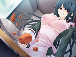  angry apron breasts carrot crushed cut cutting_board dutch_angle female game_cg in_the_air indoors kitchen_knife knife miel miel_(company) norn_soft red_eyes sky solo tame violent yandere yandere_na_kanojo_ni_shinu_hodo_tsukusareru 