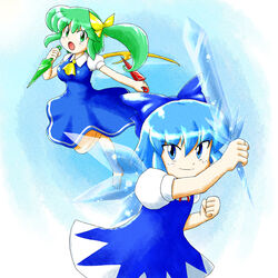  2girls barefoot blue_hair bow cirno commentary_request crystal_sword daiyousei hairbow kunai multiple_girls nitamago sword touhou weapon 