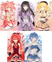  5girls akemi_homura akemi_homura_(magical_girl) beret black_hair blonde_hair blue_eyes blue_hair bow bubble_skirt cape commentary drill_hair food hair_ribbon hairband hairbow hat kaname_madoka kaname_madoka_(magical_girl) loble long_hair magical_girl mahou_shoujo_madoka_magica mahou_shoujo_madoka_magica_(anime) miki_sayaka miki_sayaka_(magical_girl) mouth_hold multiple_girls pantyhose photoshop_(medium) pink_eyes pink_hair pocky ponytail purple_eyes red_eyes red_hair ribbon sakura_kyoko sakura_kyoko_(magical_girl) short_hair skirt strapless thighhighs tomoe_mami tomoe_mami_(magical_girl) twin_drills twintails yellow_eyes 