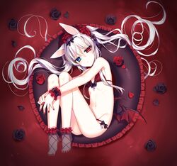  alice_claudia animal_ears ass bangs black_flower black_rose blue_eyes bow bow_bra bow_panties bra closed_mouth demon_wings eyebrows_visible_through_hair fingernails flower frilled_hairband frilled_legwear frilled_pillow frills groin hair_between_eyes hairband head_tilt heterochromia leg_hug long_hair looking_at_viewer looking_to_the_side lying nail_polish navel on_side original panties petals pillow red_bra red_eyes red_hairband red_nails red_panties red_ribbon red_wings ribbon rose rose_petals see-through silver_hair socks solo toenail_polish tsukikage_nemu twintails underwear very_long_hair wings wrist_cuffs 