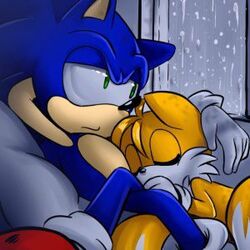  1:1 2012 anthro blue_body blue_fur canid canine closed_eyes clothing duo eulipotyphlan fox fur gloves green_eyes handwear hedgehog inside isakysaku low_res male mammal multi_tail raining sega sleeping sonic_the_hedgehog sonic_the_hedgehog_(series) sonicschilidog tail tails third-party_edit yellow_body yellow_fur 