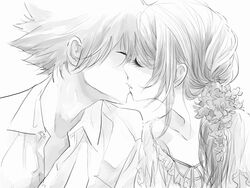  1boy aged_up closed_eyes commentary_request couple female greyscale katekyo_hitman_reborn! kissing lenny-tree long_hair monochrome sasagawa_kyouko sawada_tsunayoshi short_hair straight 