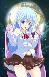  antenna_hair bad_id bad_pixiv_id blue_eyes blue_hair denpa_onna_to_seishun_otoko female full_moon futon highres long_hair moon navel night night_sky off_shoulder panties pantyshot photoshop_(medium) school_uniform skirt sky solo star_(sky) touwa_erio tsuttsu underwear white_panties 