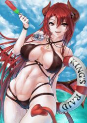  breasts cleavage day epis_(king&#039;s_raid) food highres horns king&#039;s_raid large_breasts monster_girl nishixciv ocean popsicle red_hair solo swimsuit tail wings 