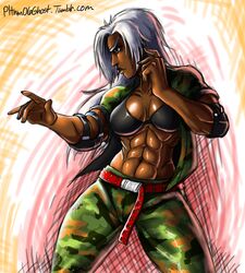  abs belt black_bra bra breasts camouflage cleavage commentary dark-skinned_female dark_skin elbow_pads english_commentary eyebrows female fighting_stance large_breasts lips long_hair midriff muscular muscular_female navel nose obliques open_clothes open_shirt pltnm_ghost shiny_skin shirt silver_hair sleeves_rolled_up solo thick_thighs thighs underwear vanessa_lewis very_dark_skin virtua_fighter 