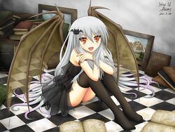  bat_hair_clip blush book canvas_painting checkered checkered_floor dress fingernails floor frilled_dress frills grey_hair highres hira_(zlpabrams) oerba_yun_fang open_mouth orange_eyes panties pantyshot pantyshot_(sitting) sitting thighhighs transparent_wings underwear wings 