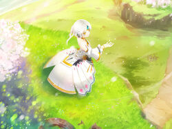  choker elsword eve_(elsword) flowers grass malmaron petals tiara white_hair wristwear yellow_eyes 