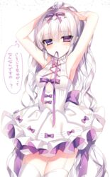  armpits arms_up bad_id bad_pixiv_id bare_arms bare_shoulders blush bow breasts cleavage commentary_request cowboy_shot dress female garter_straps hair_between_eyes hair_tie_in_mouth hairbow heterochromia highres long_hair looking_at_viewer medium_breasts mouth_hold original purple_bow purple_eyes purple_ribbon ribbon ribbon_in_mouth rolo_noir silver_hair sleeveless sleeveless_dress solo sweat thighhighs translation_request tsukikage_nemu tying_hair very_long_hair white_dress white_thighhighs 